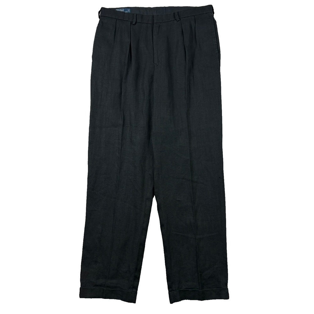 Polo Ralph Lauren Pants Mens 36x34 Black 100% Linen Pleated Cuffed High Rise Vtg